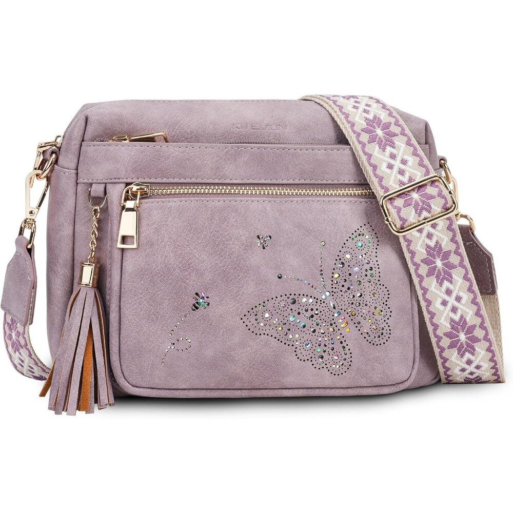 Women’s 01-purple Leather Purse Crossbody Bag Handbags Butterfly Design